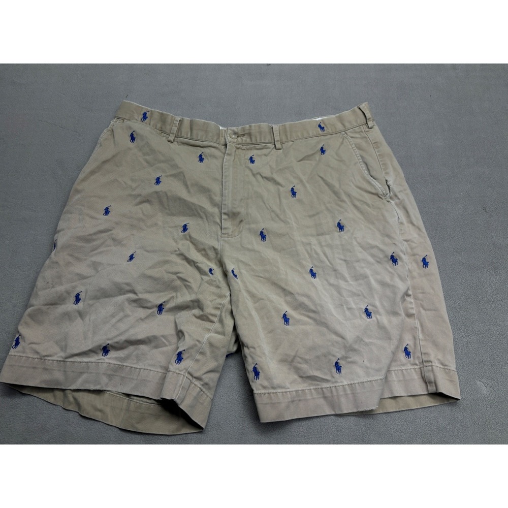 Polo Ralph Lauren Mens 38 Tan Khaki Blue Pony All Over Embroidered Chino Shorts